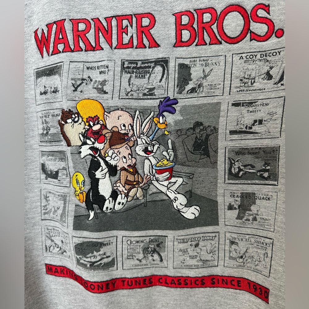 VINTAGE Warner Bros. Gray Cartoon Graphic Crew Neck Sweater, SMALL - Picture 2 of 11